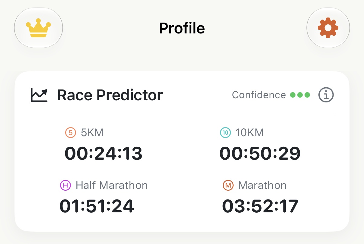Apex Run built-in race finish time predictor analyzing historical workouts