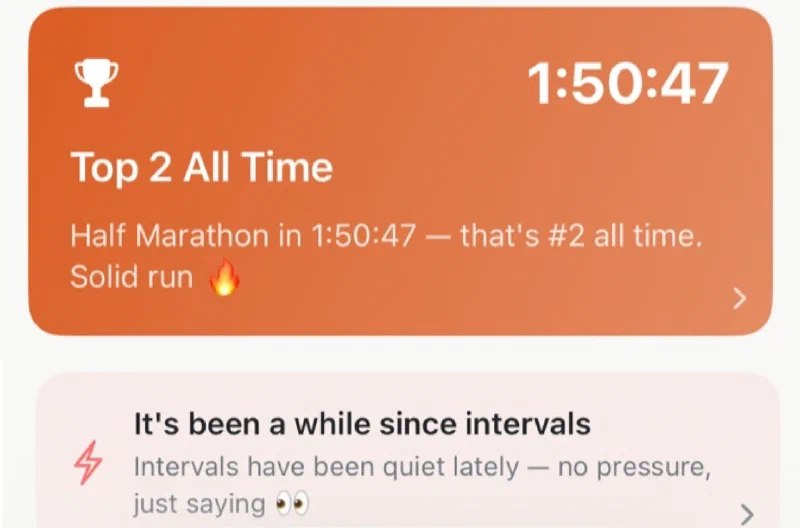 Apex Run Smart Insights tab displaying training load alerts, VO2 max trends, and recovery recommendations